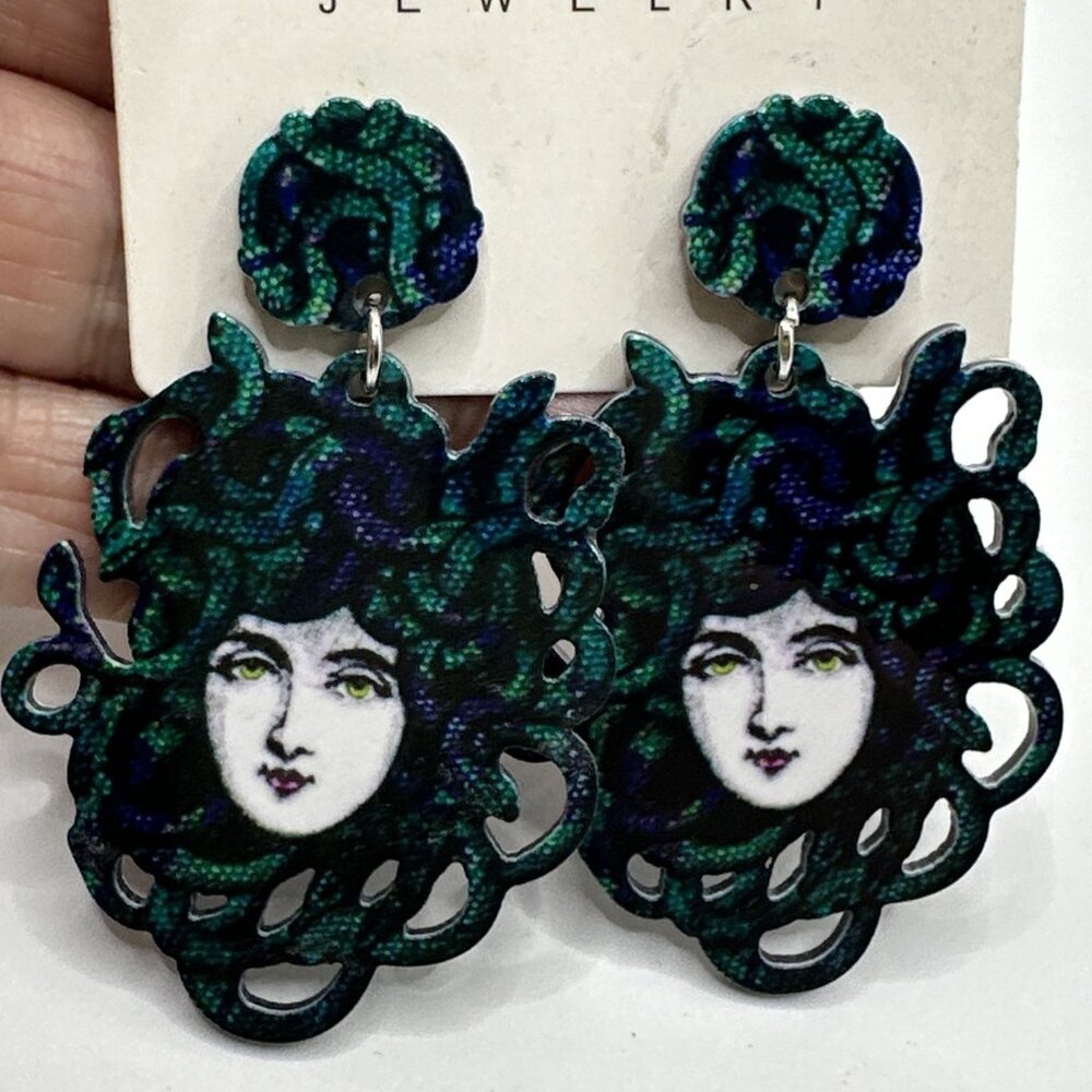 Whimsical Medusa Snake Head Woman Large Goddess Greek Mythology Earrings NEW